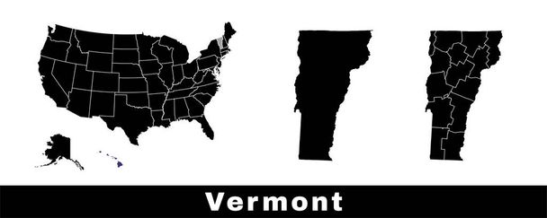 Πολιτειακός χάρτης Βερμόντ, ΗΠΑ. Σύνολο χαρτών του Βερμόντ με περίγραμμα συνόρων, κομητείες και πολιτείες των ΗΠΑ χάρτη. Μαύρο και άσπρο χρώμα διανυσματική απεικόνιση. - Διάνυσμα, εικόνα