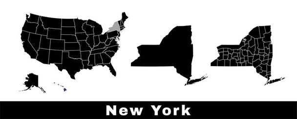 Mapa del estado de Nueva York, Estados Unidos. Conjunto de mapas de Nueva York con contorno de frontera, condados y estados de Estados Unidos mapa. Ilustración vectorial de color blanco y negro. - Vector, Imagen