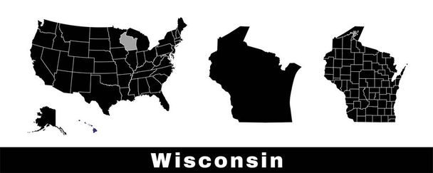 Mapa estatal de Wisconsin, Estados Unidos. Conjunto de mapas de Wisconsin con contorno de frontera, condados y estados de Estados Unidos mapa. Ilustración vectorial de color blanco y negro. - Vector, Imagen