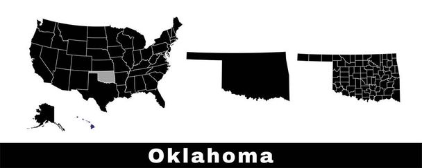 Mapa estatal de Oklahoma, Estados Unidos. Conjunto de mapas de Oklahoma con contorno de frontera, condados y estados de Estados Unidos mapa. Ilustración vectorial de color blanco y negro. - Vector, imagen