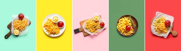 Group of tasty french fries with ketchup and mayonnaise on color background, top view - Photo, image