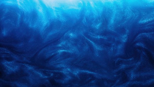 Glitter fluid. Paint water. Ink wave. Sea storm. Blue color glowing shimmering dust particles smoke cloud abstract art background. - Photo, image