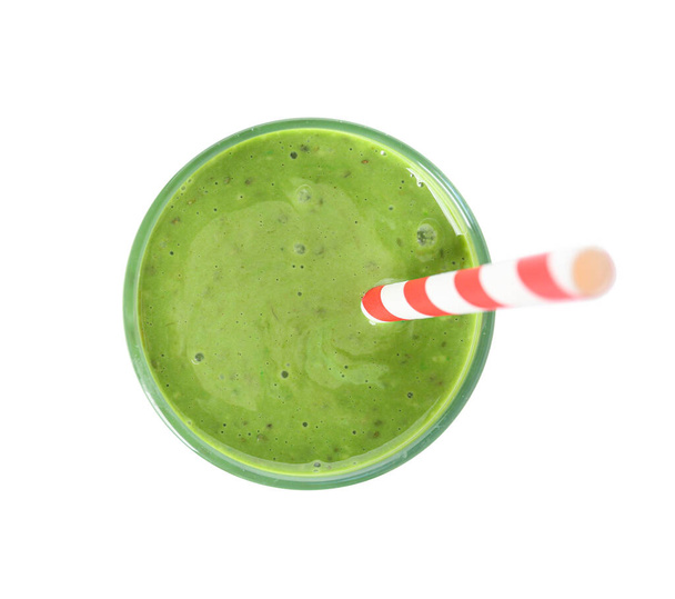Glass of tasty green smoothie with straw on white background - Valokuva, kuva