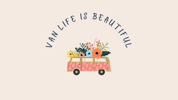 Retro Life Is Beautiful Flower Van Desktop Wallpaper - Foto, imagen