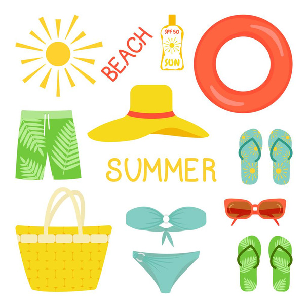 Vector illustration. Collection of Cartoon summer elements. Beach, summer accessory. - Vector, Image