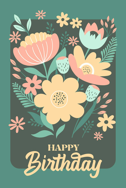 誕生日おめでとう花花束グリーティングカード。ベクトルフラットイラスト - ベクター画像