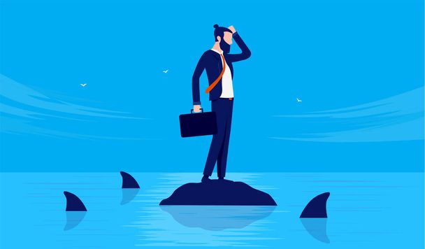 Businessman in trouble - Male person standing alone on rock in ocean with dangerous sharks swimming around. Business adversity concept. Vector illustration. - Vector, Image