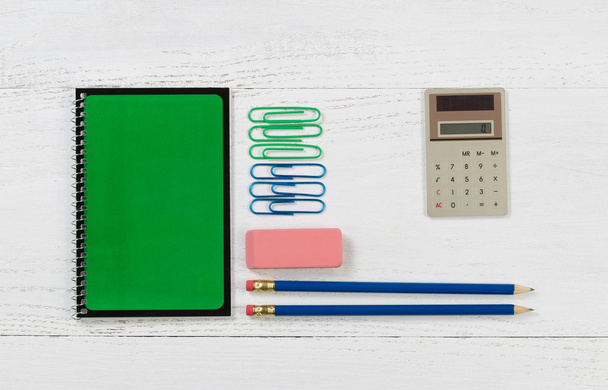 Organized supplies for work or school on white desktop - Photo, Image