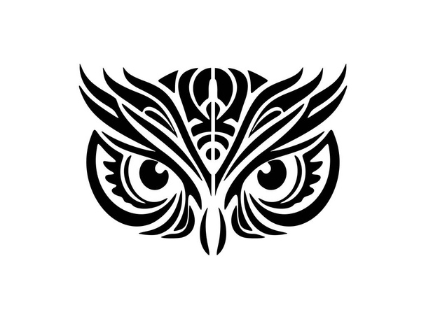 Ein schwarz-weißes Eulengesicht-Tattoo mit polynesischem Muster. - Vektor, Bild