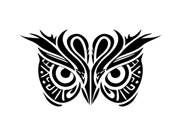 Tetování se sovou tváří v černé a bílé barvě, zdobené polynéskými vzory. - Vektor, obrázek