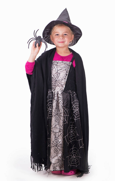 a girl in a halloween costume holds a black toy spider in her hands on a white background - Zdjęcie, obraz