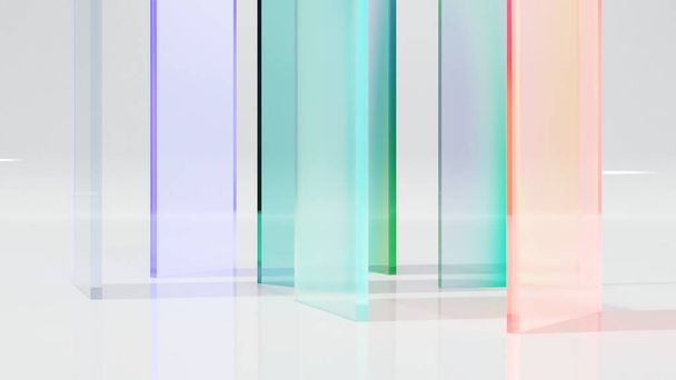 красочные прозрачные стеклянные пластины, спектр свечения, дисперсионные стеклянные блоки, яркая голографическая, абстрактная прозрачная глянцевая ткань, листы из пластика, 3d рендеринг - Фото, изображение