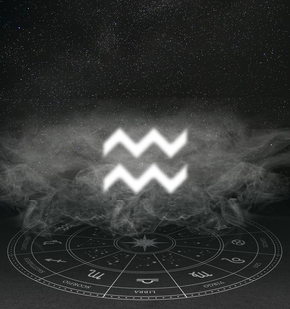 Abstract image of the sign of the zodiac Aquarius against the background of the starry sky and smoke - Foto, Imagem