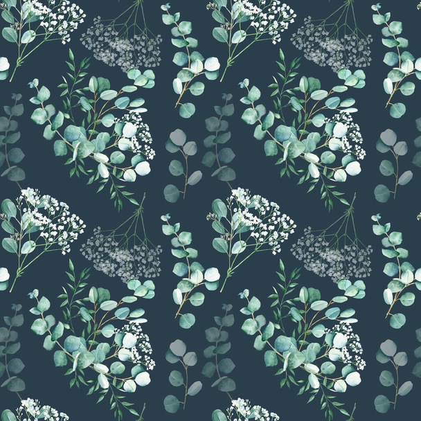 Seamless watercolor pattern with eucalyptus, gypsophila and pistachio branches on dark blue background. Can be used for wedding prints, gift wrapping paper, kitchen textile and fabric prints - Foto, imagen