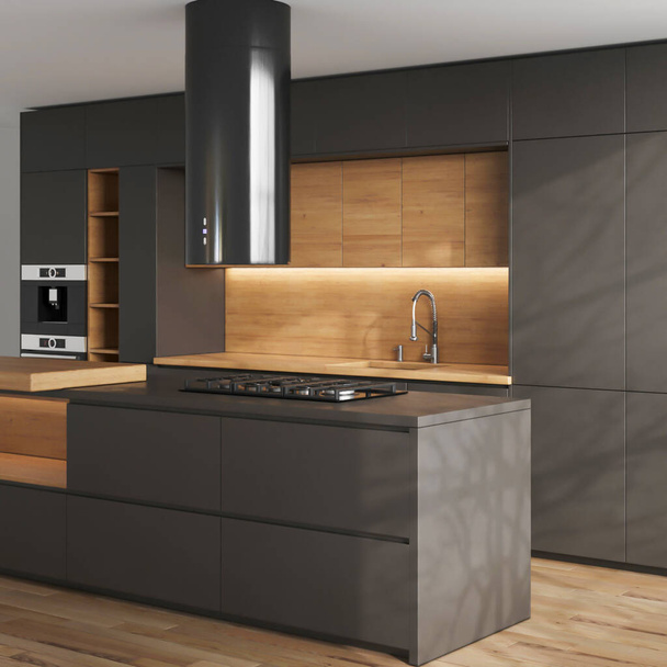 cocina moderna con paredes blancas y negras, suelo de madera y un gran ventanal. renderizado 3d - Foto, Imagen