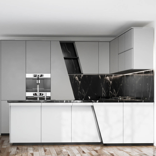 современная кухня с белыми и серыми стенами и большим окном. 3d-рендеринг. - Фото, изображение