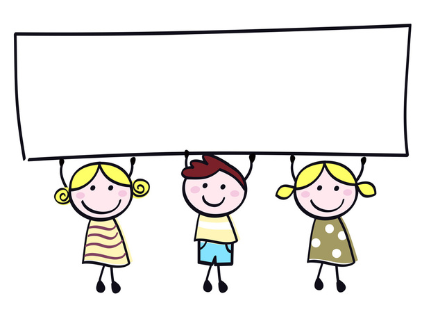 Aranyos doodle gyermekek tartja üres banner jele, elszigetelt fehér - Vektor, kép