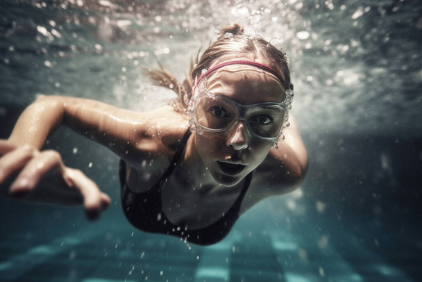 Yüzme havuzunda bir bayan yüzücü. Su altı fotoğrafı. Yüksek kalite fotoğraf - Fotoğraf, Görsel