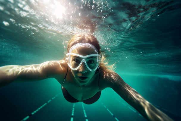 Женщина плавает у бассейна. Подводное фото. Высокое качество фото - Фото, изображение