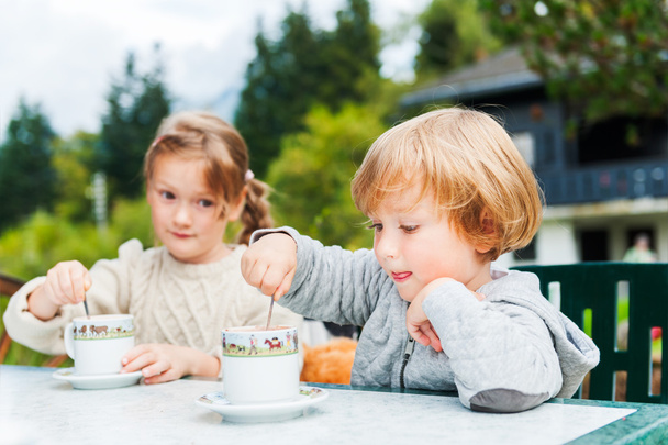 Очаровательные дети пьют горячий шоколад на открытом воздухе, проводят хорошо время на отдыхе в горах
 - Фото, изображение