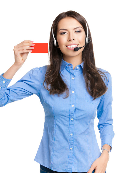 Lachende ondersteuning telefoon operator rode kaart, waarop wit - Foto, afbeelding