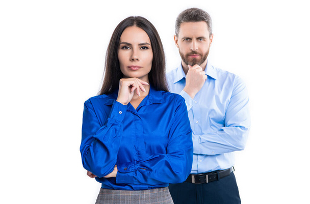 selective focus of business couple isolated on white. business couple in studio. business couple on background. photo of business couple colleagues. - Фото, зображення