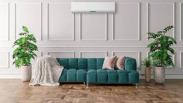 velký luxusní moderní světlé interiéry obývací pokoj s klimatizací mockup ilustrace 3d vykreslování - Fotografie, Obrázek