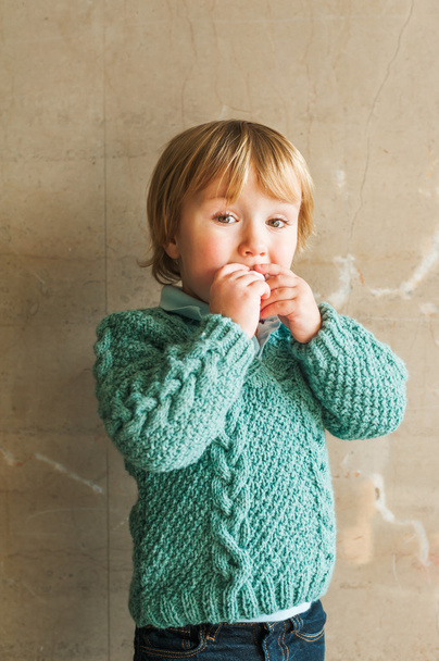 Portrait of a cute toddler boy, wearing green knitted pullover - Photo, Image