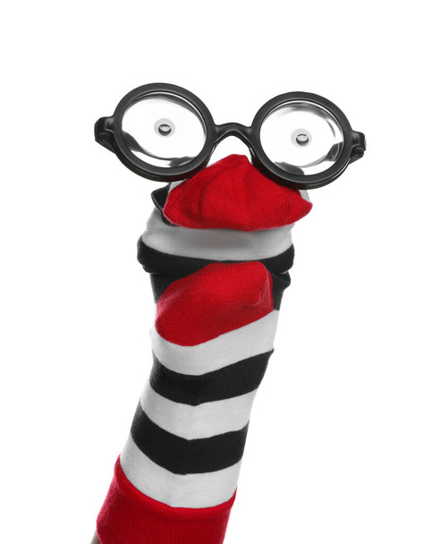 Funny sock puppet with glasses isolated on white - Foto, afbeelding