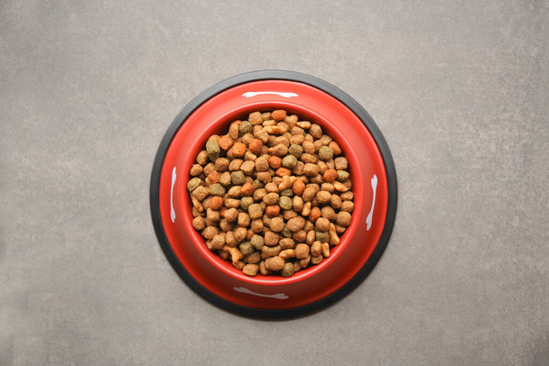 Dry dog food in feeding bowl on beige floor, top view - Fotó, kép