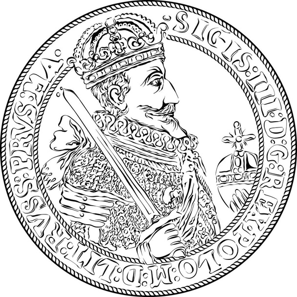 Vektor Silberkrone Taler von Sigismund III. Vasa 1627, Vorderseite mit König, Schwarz-Weiß - Vektor, Bild