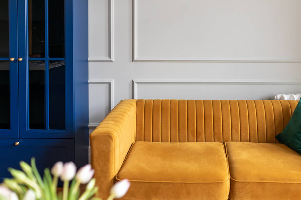 Sofá de terciopelo marrón y armario azul brillante en la sala de estar. Cómodo y elegante lugar de descanso. Salón en casa, muebles acolchados. Diseño interior minimalista, decoración de la casa, muebles modernos de moda. - Foto, imagen
