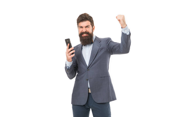 Business information. Businessman calling client hold smartphone. Good business talk. Man manager phone conversation. Guy with smartphone call friend. Mobile call concept. Successful business call. - Foto, afbeelding