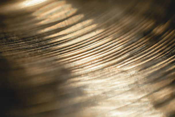 Close up of hi hat surface, texture drum cymbal close-up, macro shot. - Foto, afbeelding