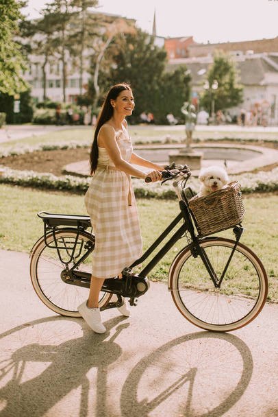 Mooie jonge vrouw met witte bichon frise hond in de mand van elektrische fiets - Foto, afbeelding