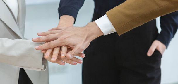 Close up hand connect joining teamwork, connection hand together target. diverse corporate cooperation. Teamwork partner concept. - Photo, Image