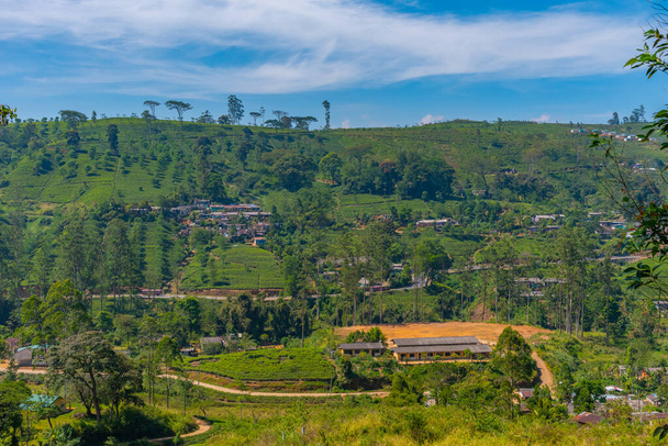 Hilly landscape of Sri Lanka dotted with villages and tea plantations viewed from a train. - Valokuva, kuva