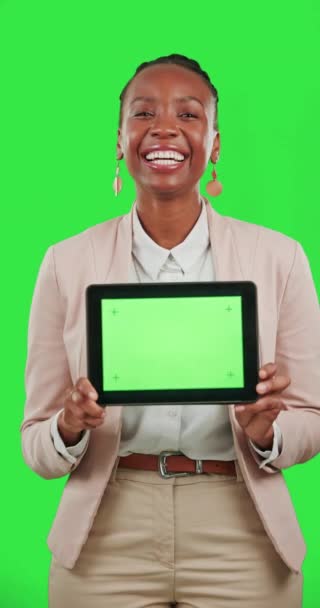 Tablet, green screen and happy woman with tracking markers isolated on studio background for business website. Professional african person show digital technology in chromakey, mockup or design space. - Séquence, vidéo