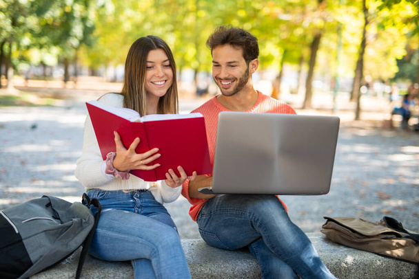 College students using a laptop computer in a park, young people and technology concept - Photo, image