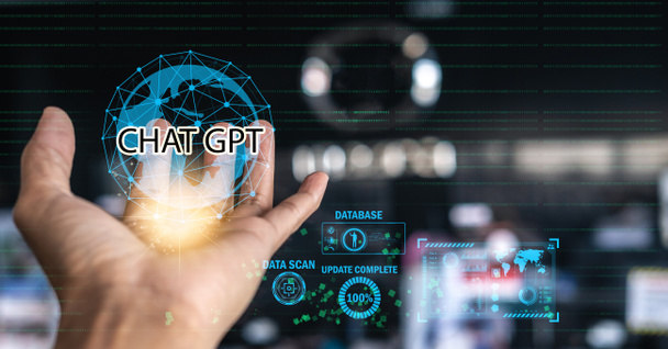 KI-Technologie CHAT GPT für die Menschen zu berühren UI-Bildschirm-Schnittstelle auf den Punkt, der korrigiert werden muss Neue Technologie in IOT Business Industry - Foto, Bild