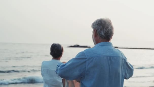 riprese di due anziani o pensionati felici e attivi che si divertono e si divertono guardando il tramonto sorridente con il mare - anziani all'aperto che si godono le vacanze insieme - Filmati, video