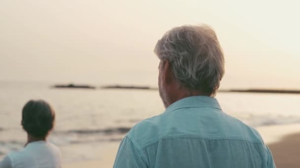 Nagranie dwóch szczęśliwych i aktywnych seniorów lub emerytów bawiących się i cieszących na zachód słońca uśmiechniętych do morza - starzy ludzie na świeżym powietrzu cieszący się razem wakacjami - Materiał filmowy, wideo