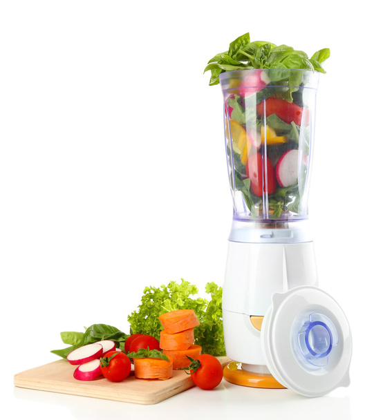 Blender with fresh vegetables isolated on white - Photo, Image