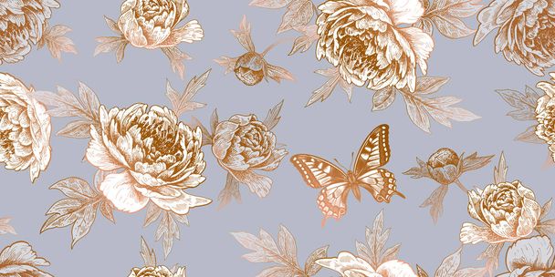 Luxurious garden flowers peonies and butterflies seamless pattern. Vector illustration. Floral background. Vintage. Gray background and gold foil printing. - Vektor, obrázek