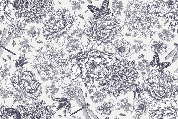 Peonies, hydrangea, asters, butterflies and dragonflies. Seamless summer pattern. Luxurious garden flowers and insects. Vintage. Vector illustration. Black and white background. - Wektor, obraz