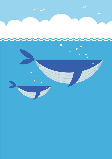 Vector Blue Whale Family In The Sea Naadloze vlakke illustratie met blauwe achtergrond en tekstruimte. Horizontaal Herhaalbaar. - Vector, afbeelding
