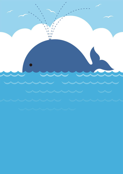 Vector Blue Whale In The Sea Seamless Background Illustration With Blue Sky, White Clouds, And Text Space Горизонтально повторюваний. - Вектор, зображення