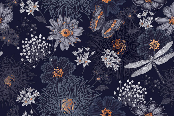 Cute wildflowers, butterflies and dragonflies seamless pattern. Flowers and insects. Vector art illustration. Navy blue background and gold foil printing. Floral pattern for textiles, paper, wallpapers. - Vektör, Görsel