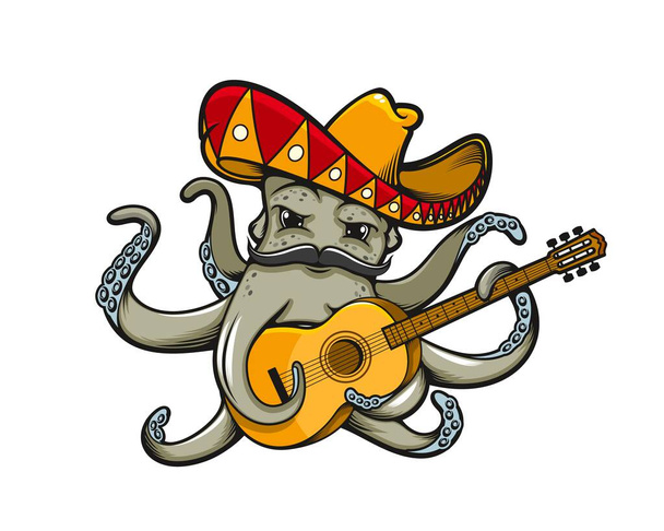 Мультяшный осьминог в мексиканском сомбреро с гитарой. Симпатичный морской воды животных вектор персонаж осьминога мариачи музыкант со смешными усами, играющий на музыкальном инструменте Виуэла, мексиканский фестиваль фиесты - Вектор,изображение