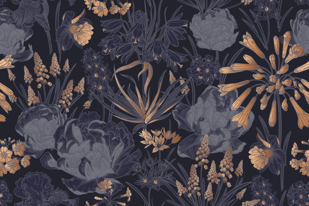 Dark luxury floral seamless pattern. Spring flowers tulips, daffodils, primroses, irises, hyacinths. Black and gold foil printing. Template for textile, wallpaper, paper. Vintage. Vector illustration. - Διάνυσμα, εικόνα